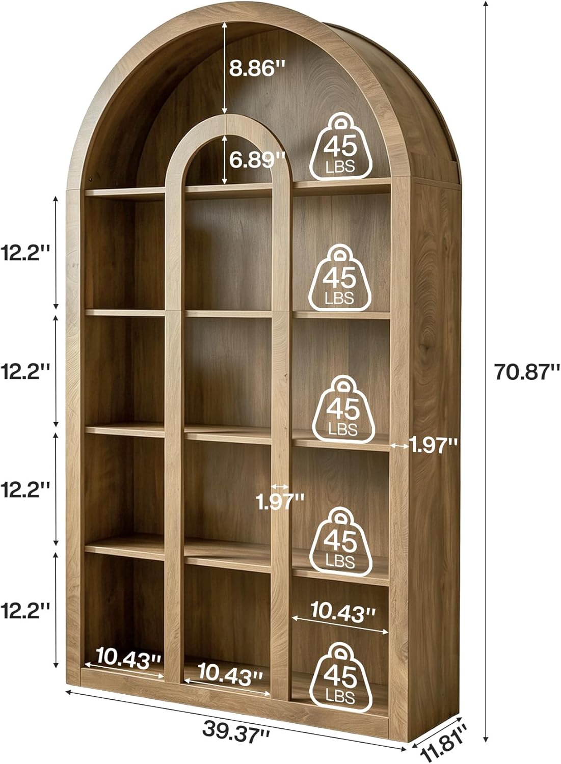 Tribesigns 71" Tall Bookshelf, 5-Tier Arched Bookcase with Open Shelves, Vintage Free-Standing Display Shelves with Rustic Wood Finish for Living Room, Office, Bedroom, Rustic Brown