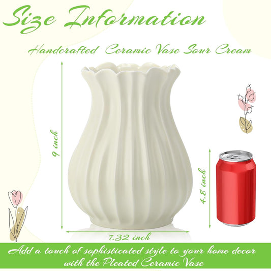 Qinyoung 1 Pack White Vintage Pleated Ceramic Vase Sour Cream Stylish Decorative Flower Vase for Bouquet Living Room Cabinet Table Centerpieces Wedding (9 x 7.32 Inches)