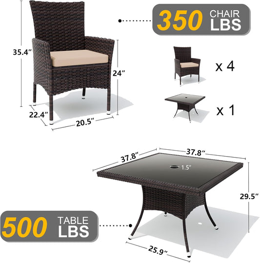 Gotland 5 Piece Outdoor Dining Set, All-Weather Rattan Patio Furniture Set with Umbrella Hole Tempered Glass Square Table, Outdoor Table and Chairs with Removable Cushions for Backyard, Deck, Sand