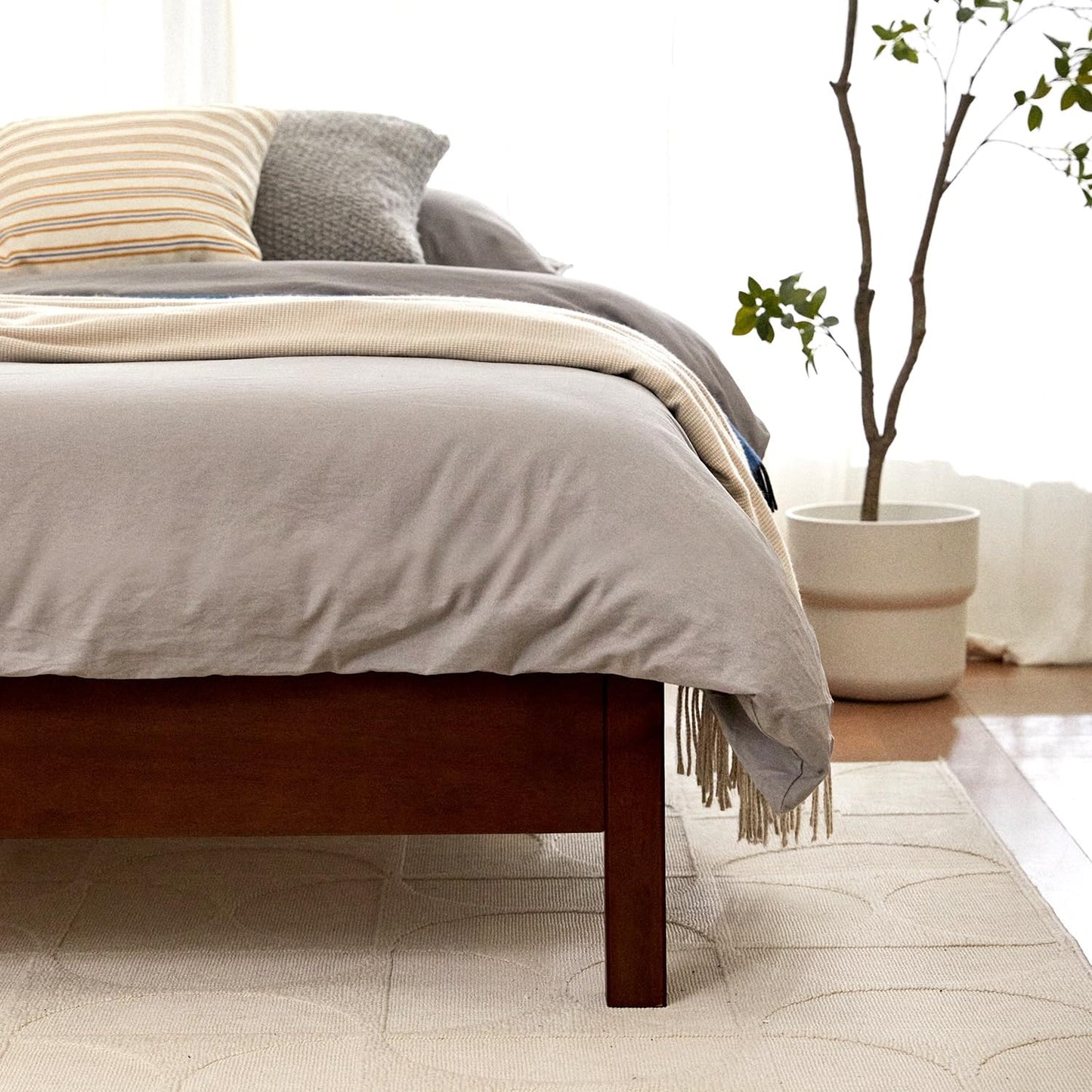 Queen Cherry Wood Platform Bed with Headboard & Under Bed Storage