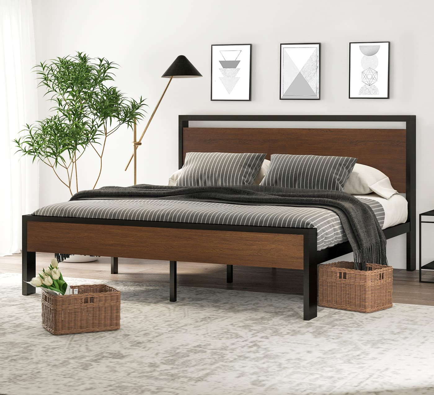 SHA CERLIN 14 Inch Queen Size Metal Platform Bed Frame with Wooden Headboard and Footboard, Mattress Foundation, No Box Spring Needed, Large Under Bed Storage, Non-Slip Without Noise, Mahogany