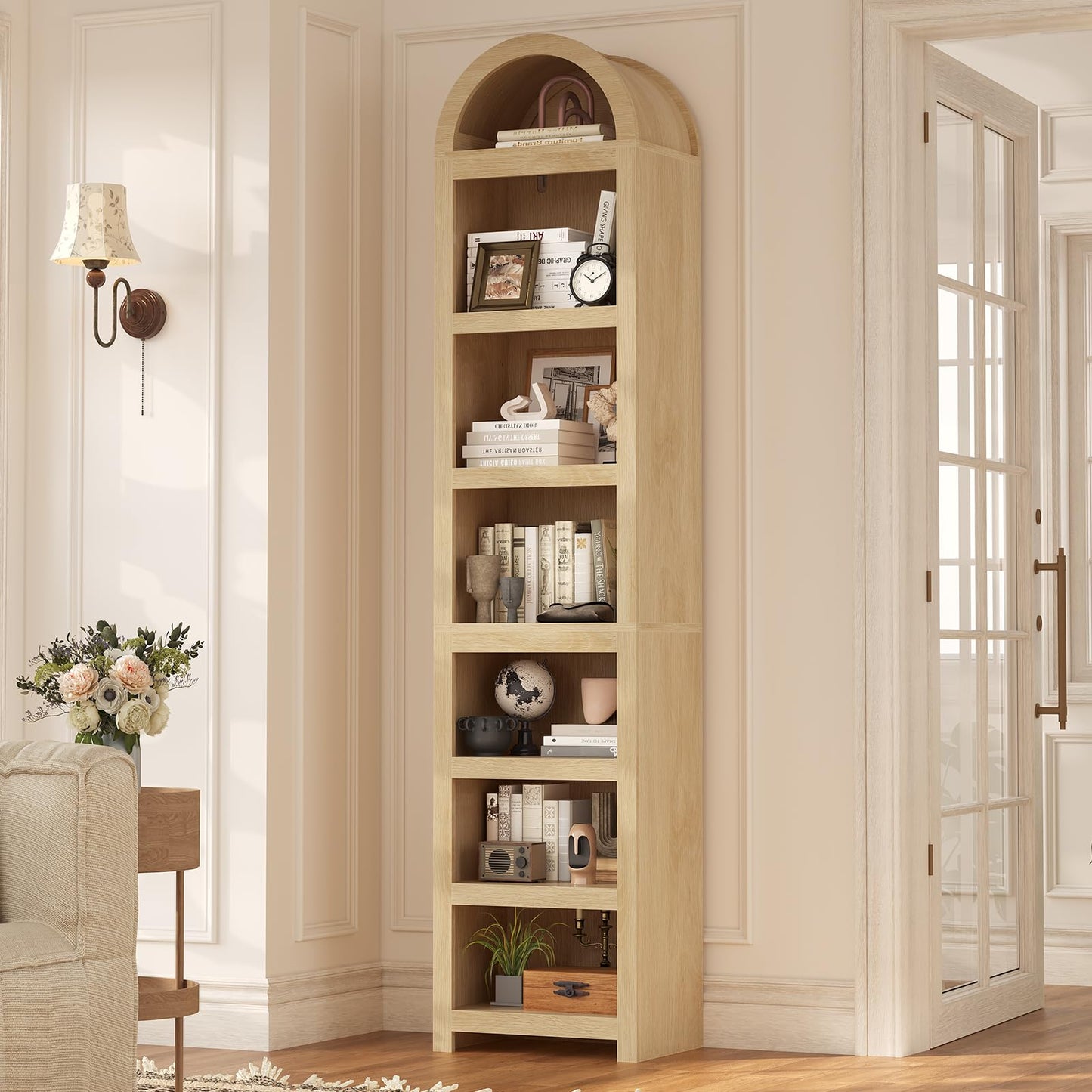 81" Tall Arched Cabinets,Bookcase with storage,Mid-Century Modern 6-Tier Bookshelf with Door,2 Book Risers and Adjustable Shelves offering more storage space for Living Room,Kitchen,Home Office,Walnut