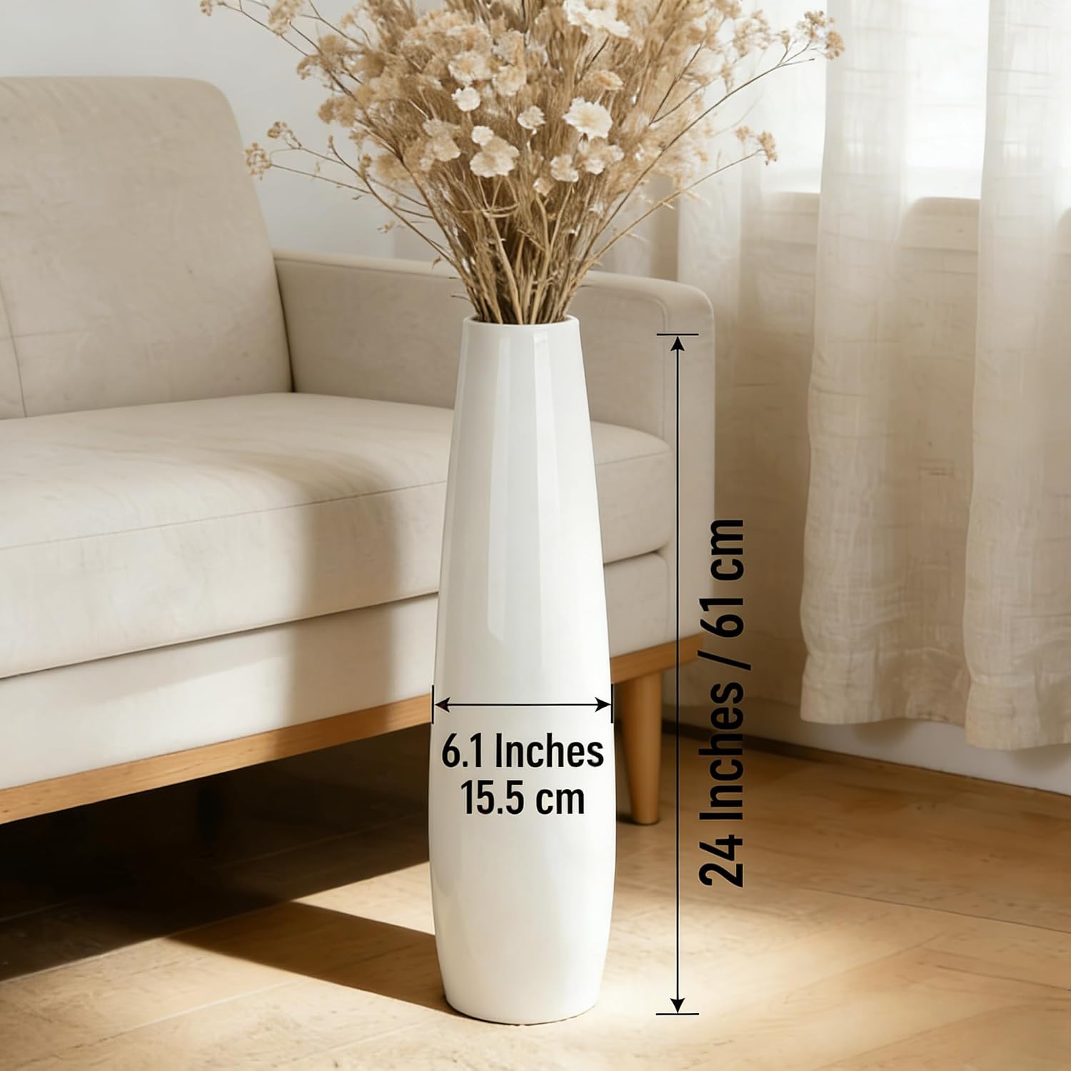 24" Tall Ceramic Floor Vase, GDSZJLJ White Large Decorative Vases for Modern Home Decor, Living Room, Minimalist Style Big Flower Vase for Pampas Grass, Flowers, Twigs, Office, Bedroom Décor