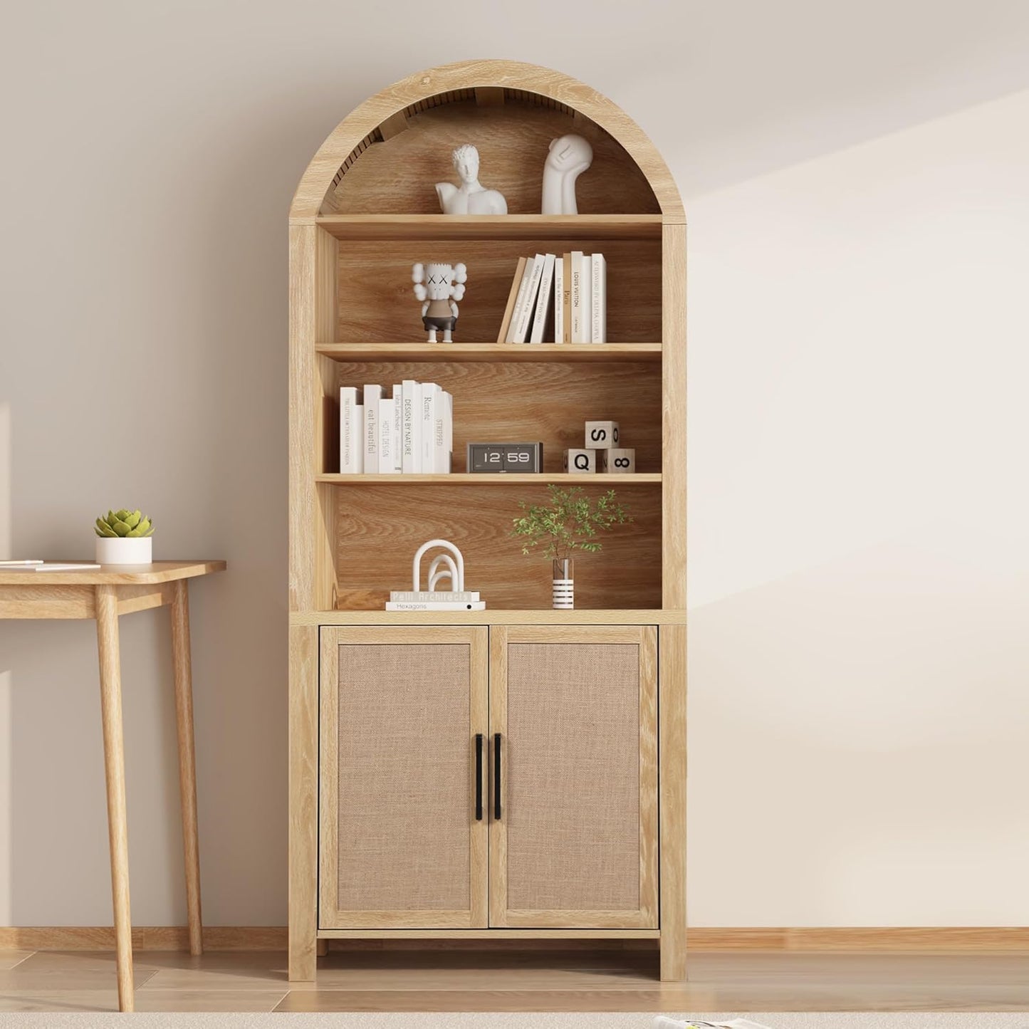 Janmer Home 71" Tall Arched Bookcase with Doors | 6-Tier Mid-Century Modern Arched Bookshelf Storage Cabinet | Adjustable Shelves | Freestanding Display Shelf for Living Room, Office (Natural)