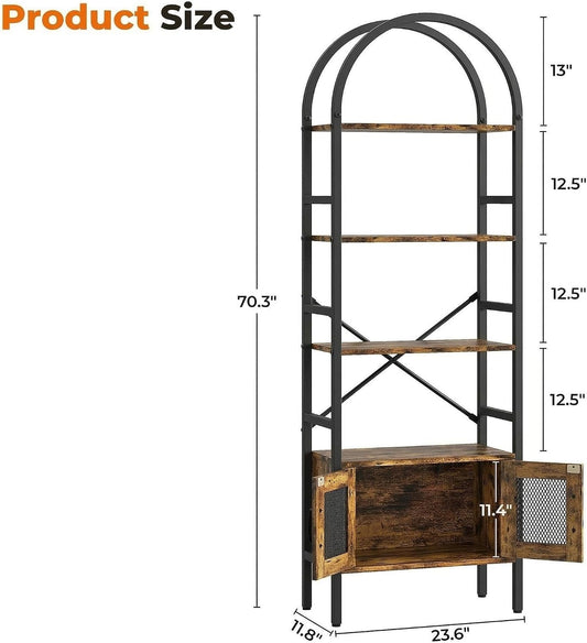IRONCK Bookshelf and Bookcase with Door Cabinet, Arched 70.3" H 4 Tier Open Shelf for CDs Books, Modern Display Storage Rack for Home Office, Vintage Brown