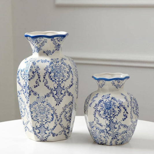 2 Pcs Blue and White Vintage Vase Chinoiserie Floral Vase 9.5'', 6'' Rustic Ceramic Vases for Home Decors, Living Room, Bookshelf, Office, Grand Millennial Decor, Chinoiserie Decors