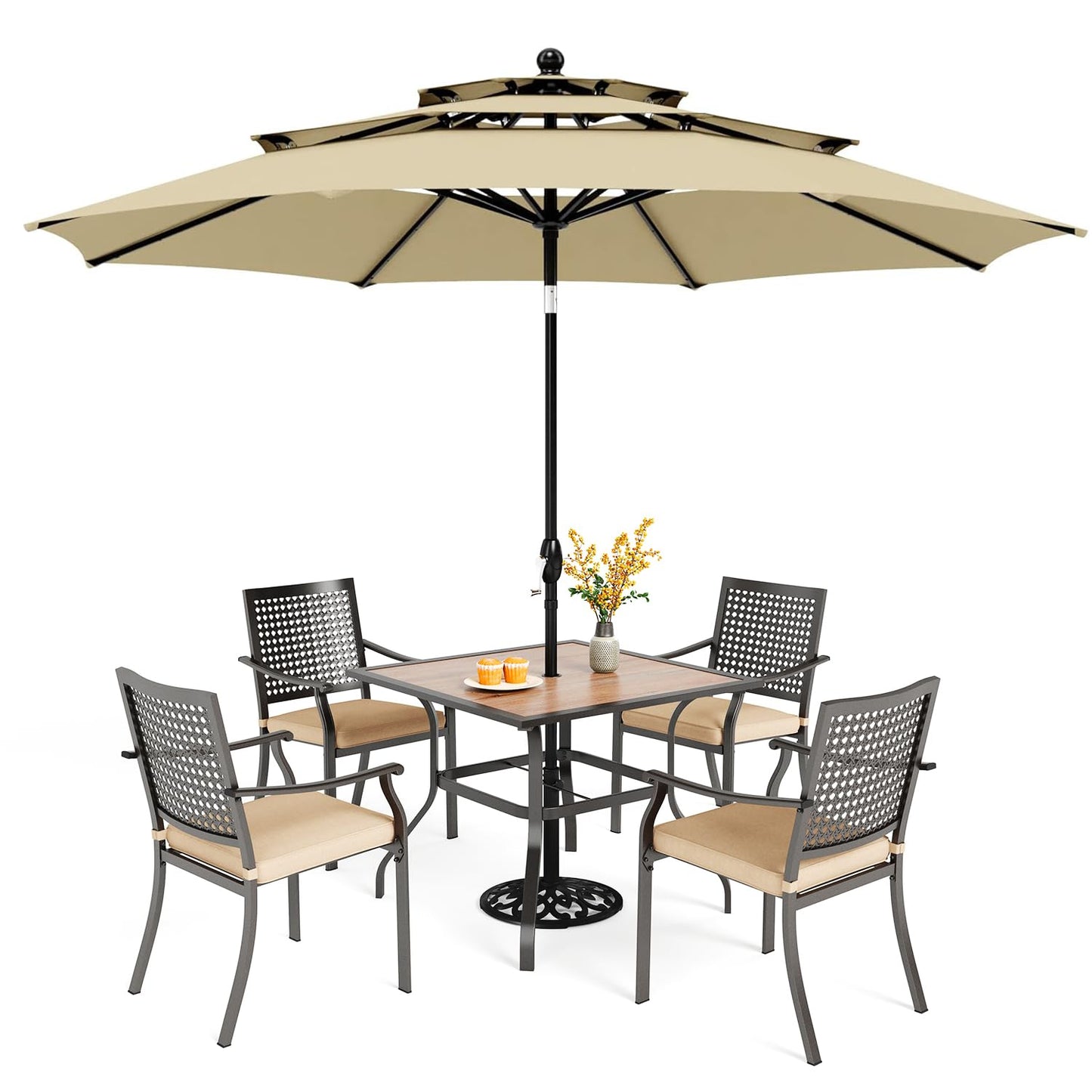 PHI VILLA 5 Pieces Outdoor Dining Set for 4 with Umbrella, 42" Large Round Metal Steel Table & Stackable Iron Chairs with Cushions & 10ft Beige Umbrella, Modern Furniture for Patio, Deck, Yard, Porch