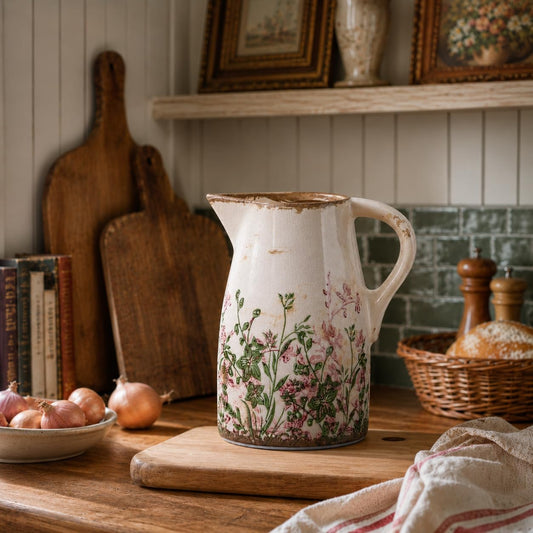 Vintage Pink & Green Floral Ceramic Pitcher Vase with Handle, Farmhouse French Country Vase, Rustic Table Centerpiece, Grandmillennial Tuscan Decor