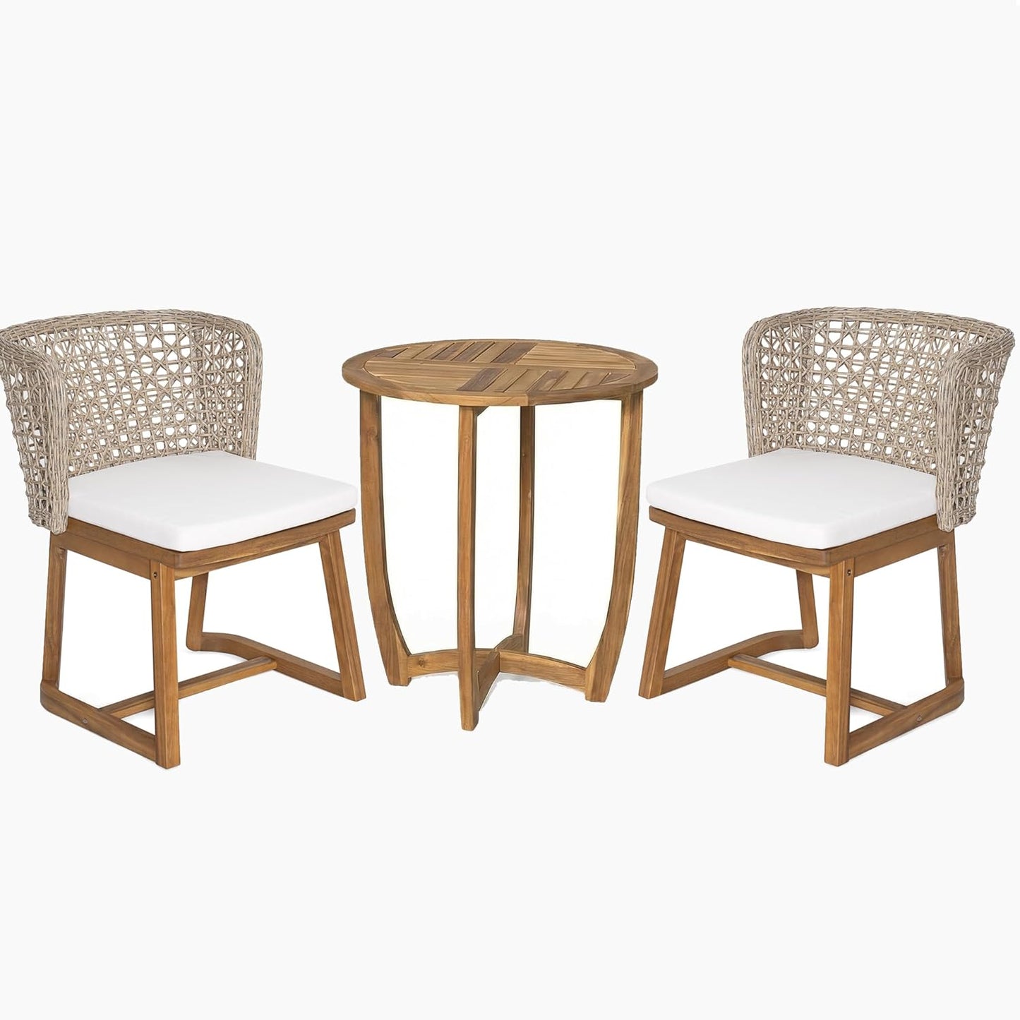 Merax Outdoor Farmhouse Acacia Wood Bistro Set of 3, Patio 27.5" Round Kitchen Table,2 Wicker Back Dinning Chairs with Cushions for Deck, Yard, Porch, Teak Finish Weather Resistant,Teak +Light Brown