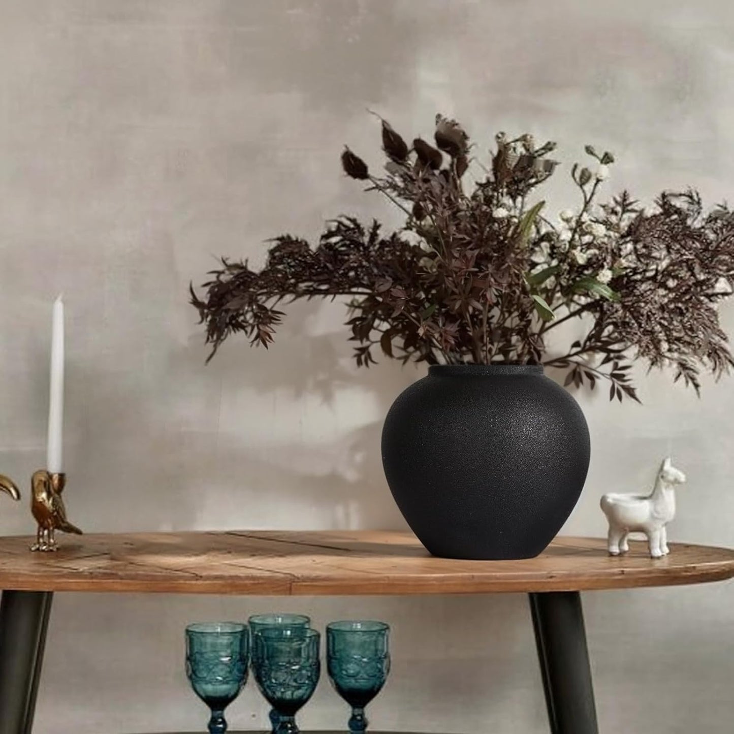 8.3″ Matte Textured Black Ceramic Vase – Modern Rustic Decorative Vase for Pampas Grass, Flowers & Greenery – Small Round Table Centerpiece for Living Room, Entryway, Shelf Decor