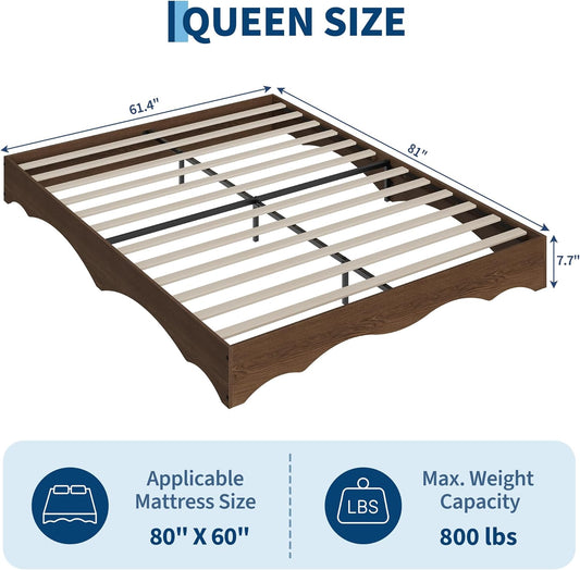 IDEALHOUSE Queen Bed Frame, Wood Platform Bed with Wave Design, Low Bed Frame Without Headboard, Minimalist Bed Base with Noise-Free, Easy Assembly, No Box Spring Needed