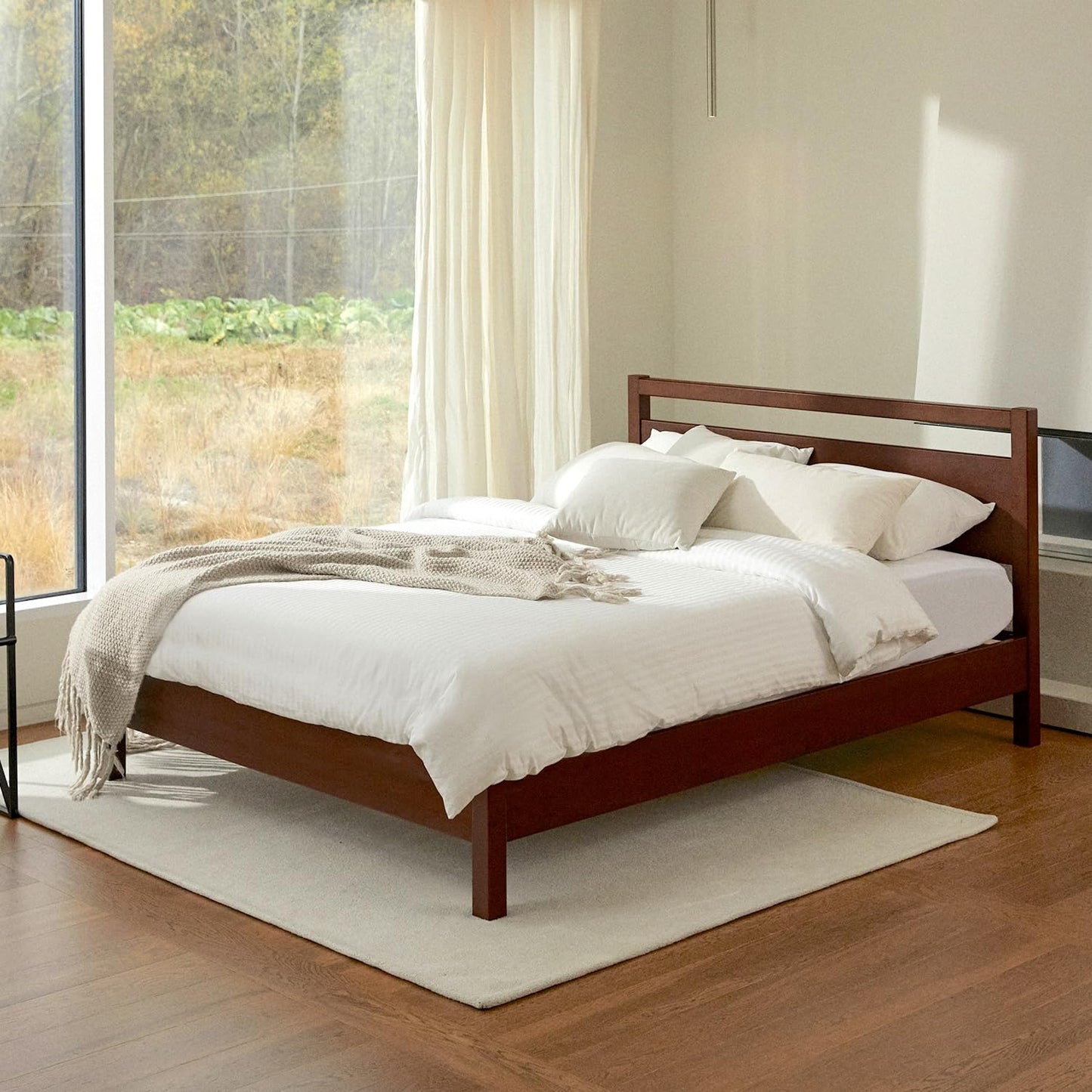 Queen Cherry Wood Platform Bed with Headboard & Under Bed Storage
