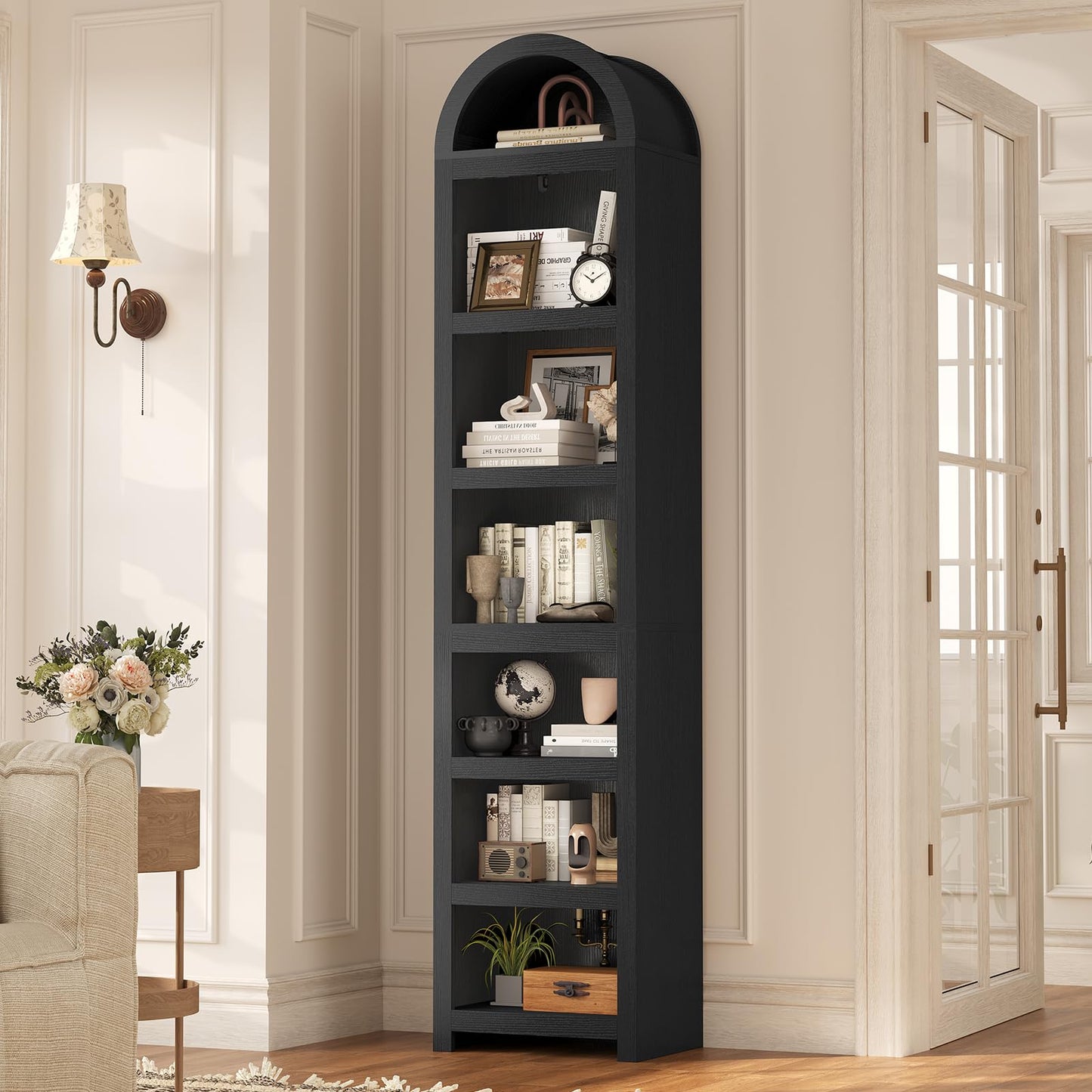 81" Tall Arched Cabinets,Bookcase with storage,Mid-Century Modern 6-Tier Bookshelf with Door,2 Book Risers and Adjustable Shelves offering more storage space for Living Room,Kitchen,Home Office,Walnut