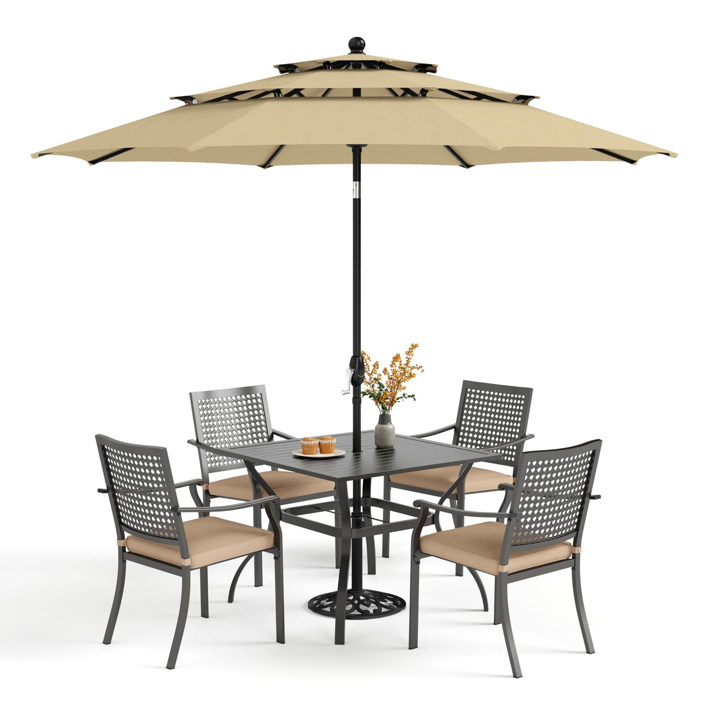 PHI VILLA 5 Pieces Outdoor Dining Set for 4 with Umbrella, 42" Large Round Metal Steel Table & Stackable Iron Chairs with Cushions & 10ft Beige Umbrella, Modern Furniture for Patio, Deck, Yard, Porch