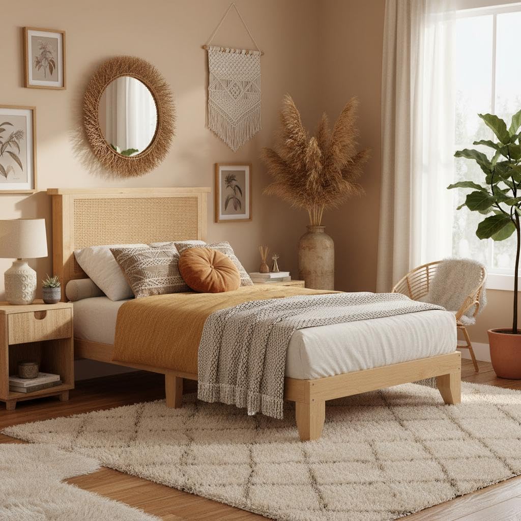 Garvee Queen Size Rattan Bed Frame, Bohemian Queen Rattan Bed Frame with Natural Headboard, Platform Queen Size Bed with Wooden Legs, LED Lights, No Box Spring Needed