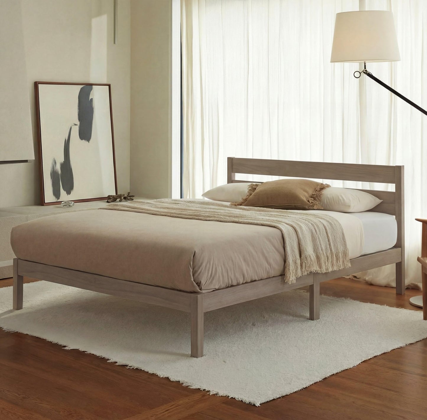 Queen Cherry Wood Platform Bed with Headboard & Under Bed Storage