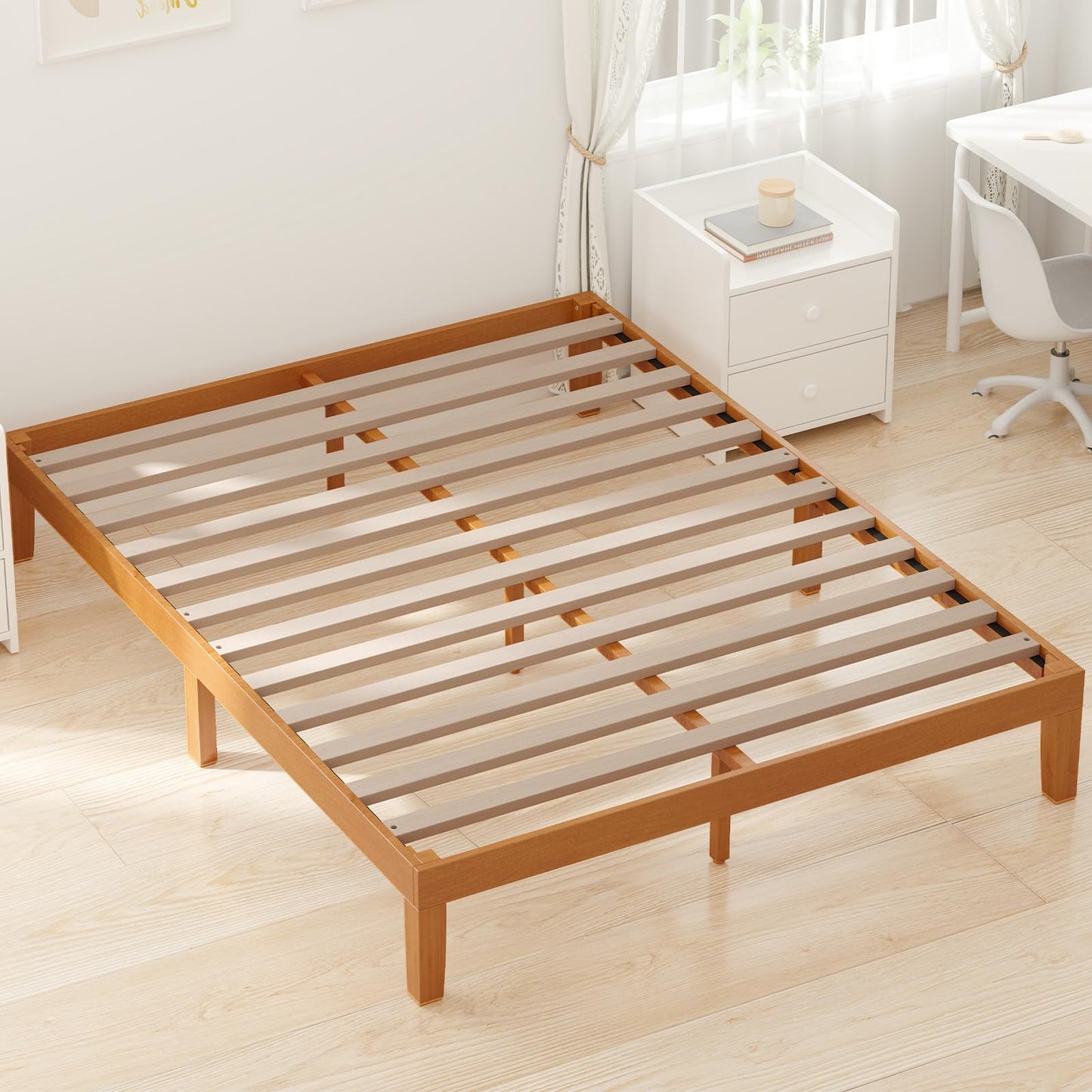 OLIXIS Full Size Bed Frame, 12 in Heavy Duty Platform Bedframe, Underbed Storage, 700 LBS Capacity, No Box Spring Needed, Wooden Slats,Easy Assembly, Honey Finish