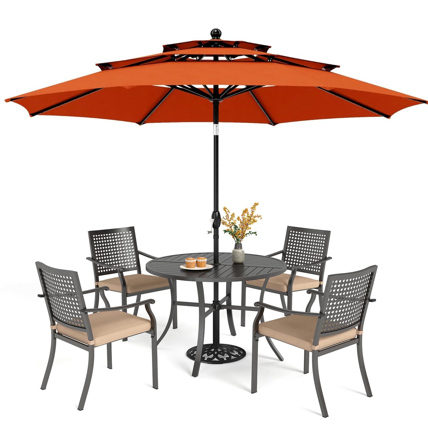 PHI VILLA 5 Pieces Outdoor Dining Set for 4 with Umbrella, 42" Large Round Metal Steel Table & Stackable Iron Chairs with Cushions & 10ft Beige Umbrella, Modern Furniture for Patio, Deck, Yard, Porch