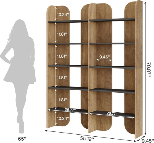 Tribesigns 70.87" Tall Farmhouse Bookshelf, 5-Tier Double Wide Bookcase with Open Shelves, Vintage Bookshelf for Living Room, Office, Study Room, Bedroom（Brown）