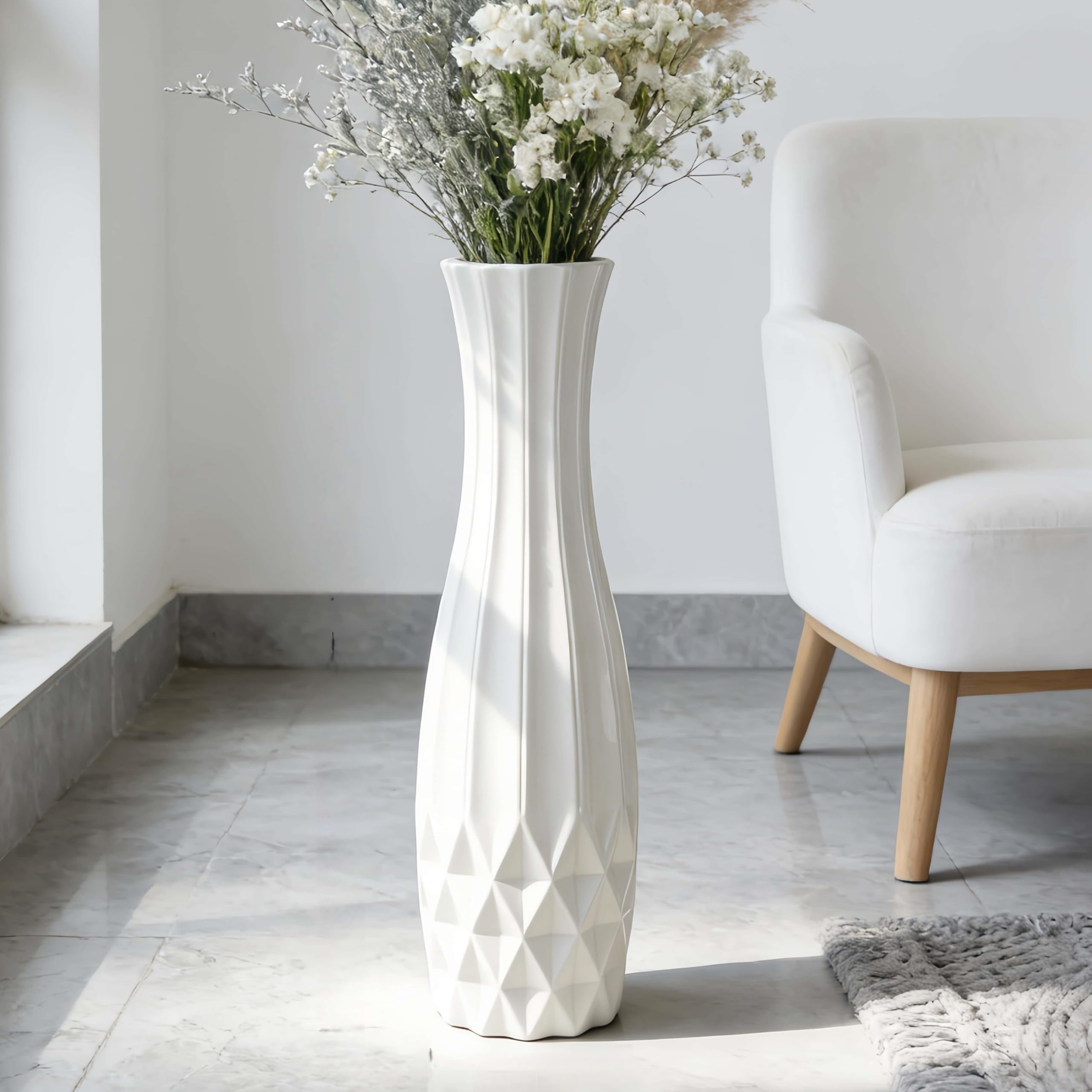 24" Tall Ceramic Floor Vase, GDSZJLJ White Large Decorative Vases for Modern Home Decor, Living Room, Minimalist Style Big Flower Vase for Pampas Grass, Flowers, Twigs, Office, Bedroom Décor