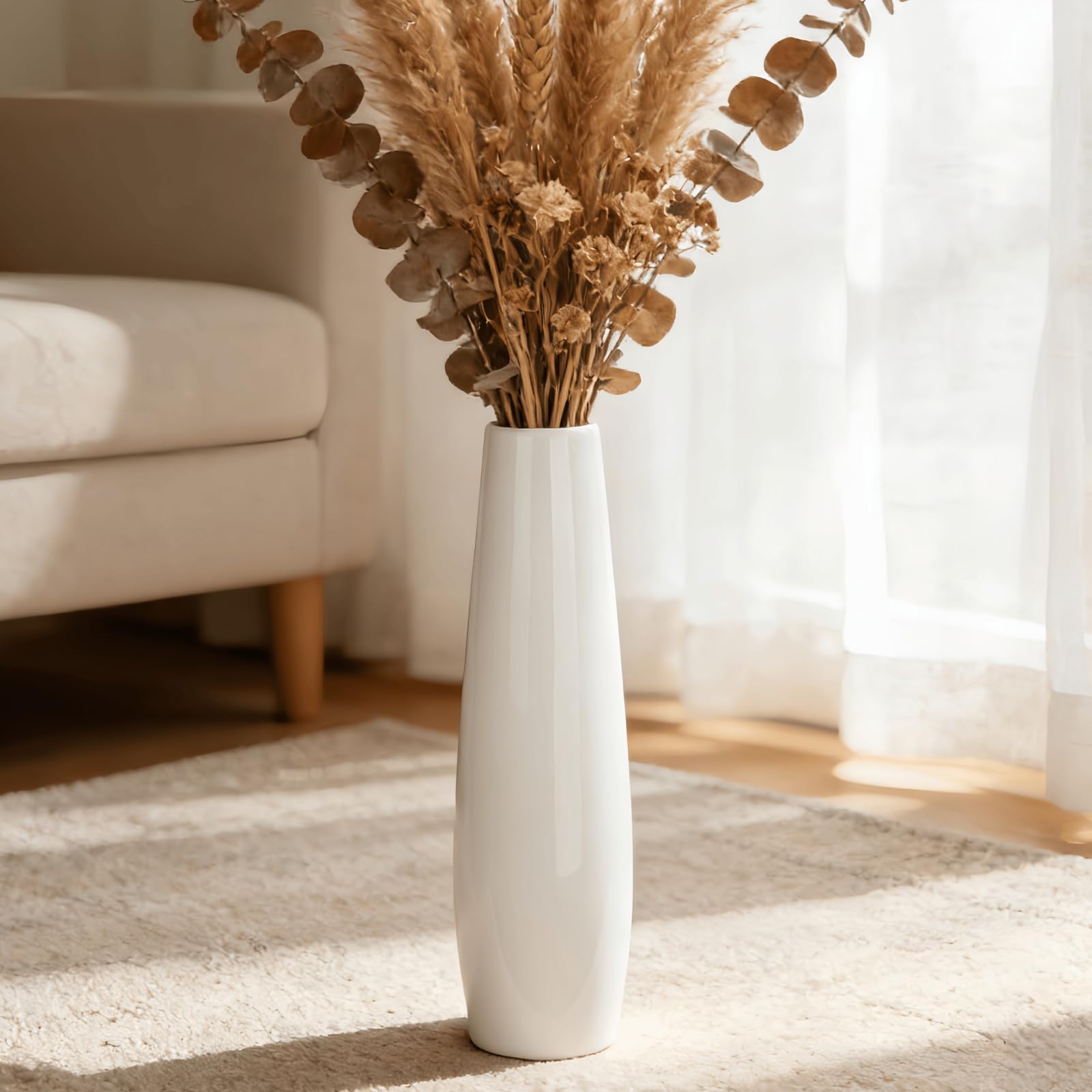 24" Tall Ceramic Floor Vase, GDSZJLJ White Large Decorative Vases for Modern Home Decor, Living Room, Minimalist Style Big Flower Vase for Pampas Grass, Flowers, Twigs, Office, Bedroom Décor
