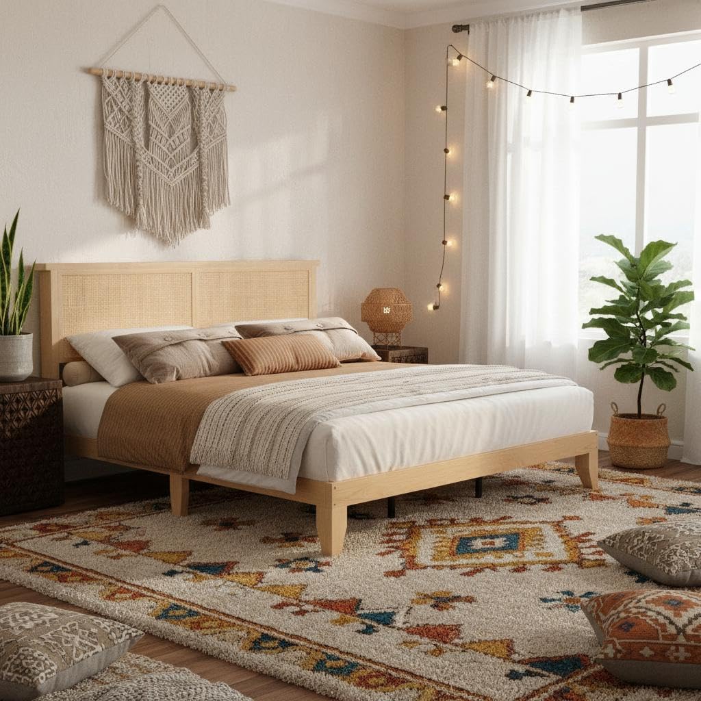 Garvee Queen Size Rattan Bed Frame, Bohemian Queen Rattan Bed Frame with Natural Headboard, Platform Queen Size Bed with Wooden Legs, LED Lights, No Box Spring Needed