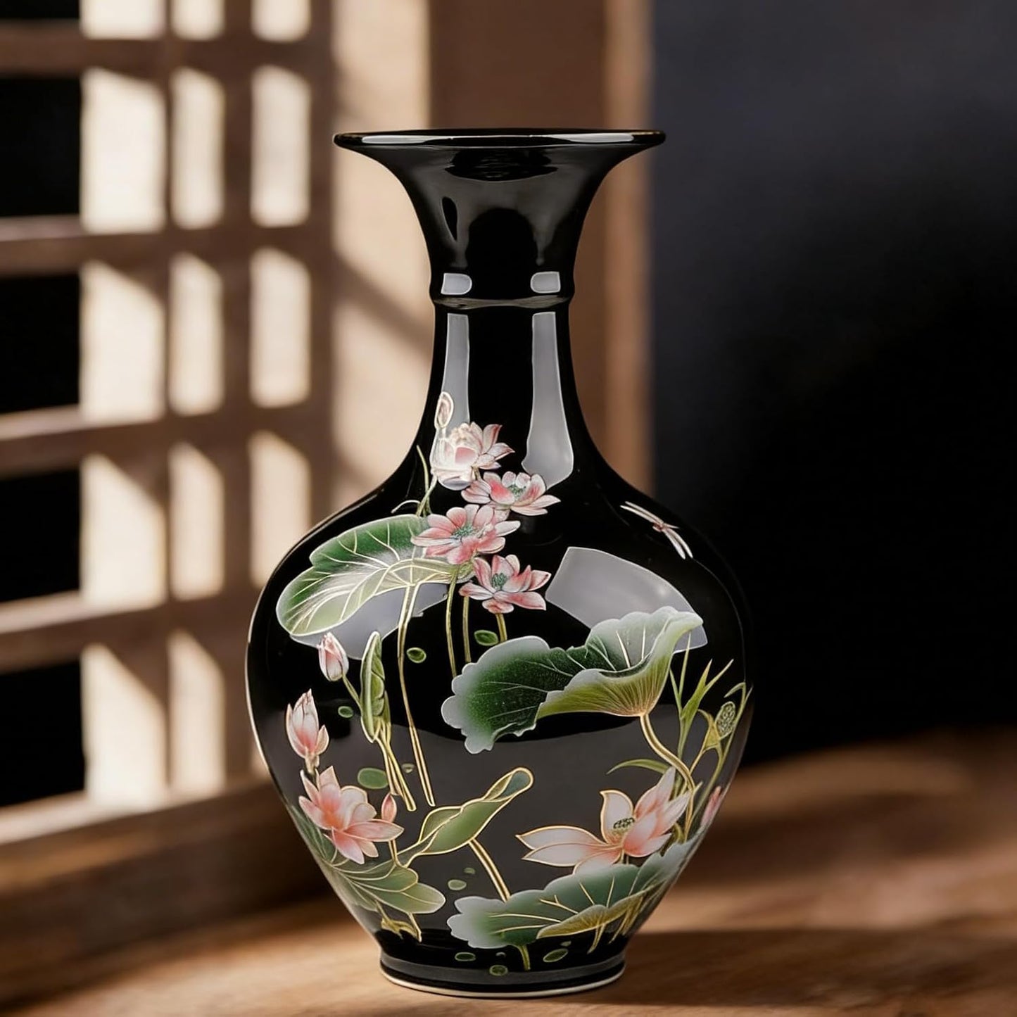 9.45'' China Style Decorative Vase, Classic Ceramic Vases for Art Home Decoration, Chinese Retro Porcelain Ceramic Vase with Base, Jingdezhen Ceramic Oriental Vase - Black