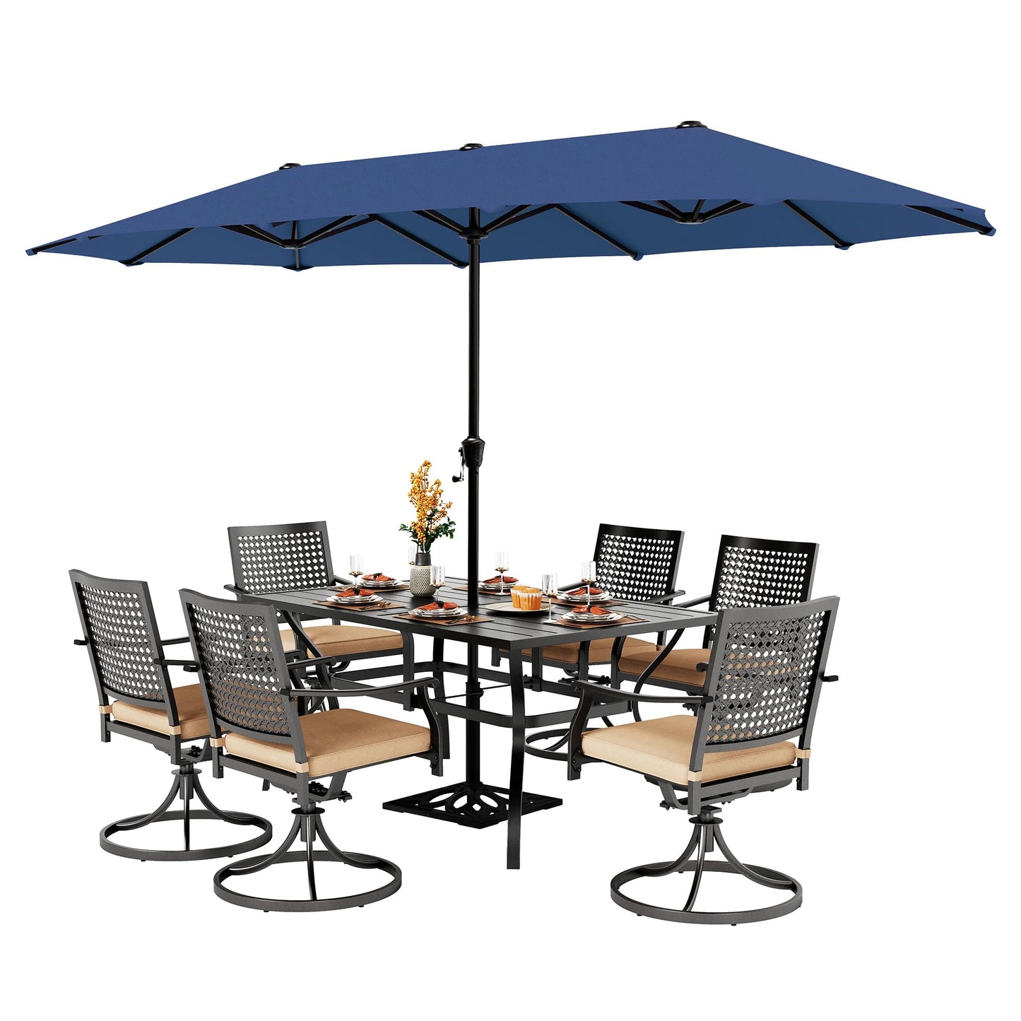 PHI VILLA 5 Pieces Outdoor Dining Set for 4 with Umbrella, 42" Large Round Metal Steel Table & Stackable Iron Chairs with Cushions & 10ft Beige Umbrella, Modern Furniture for Patio, Deck, Yard, Porch
