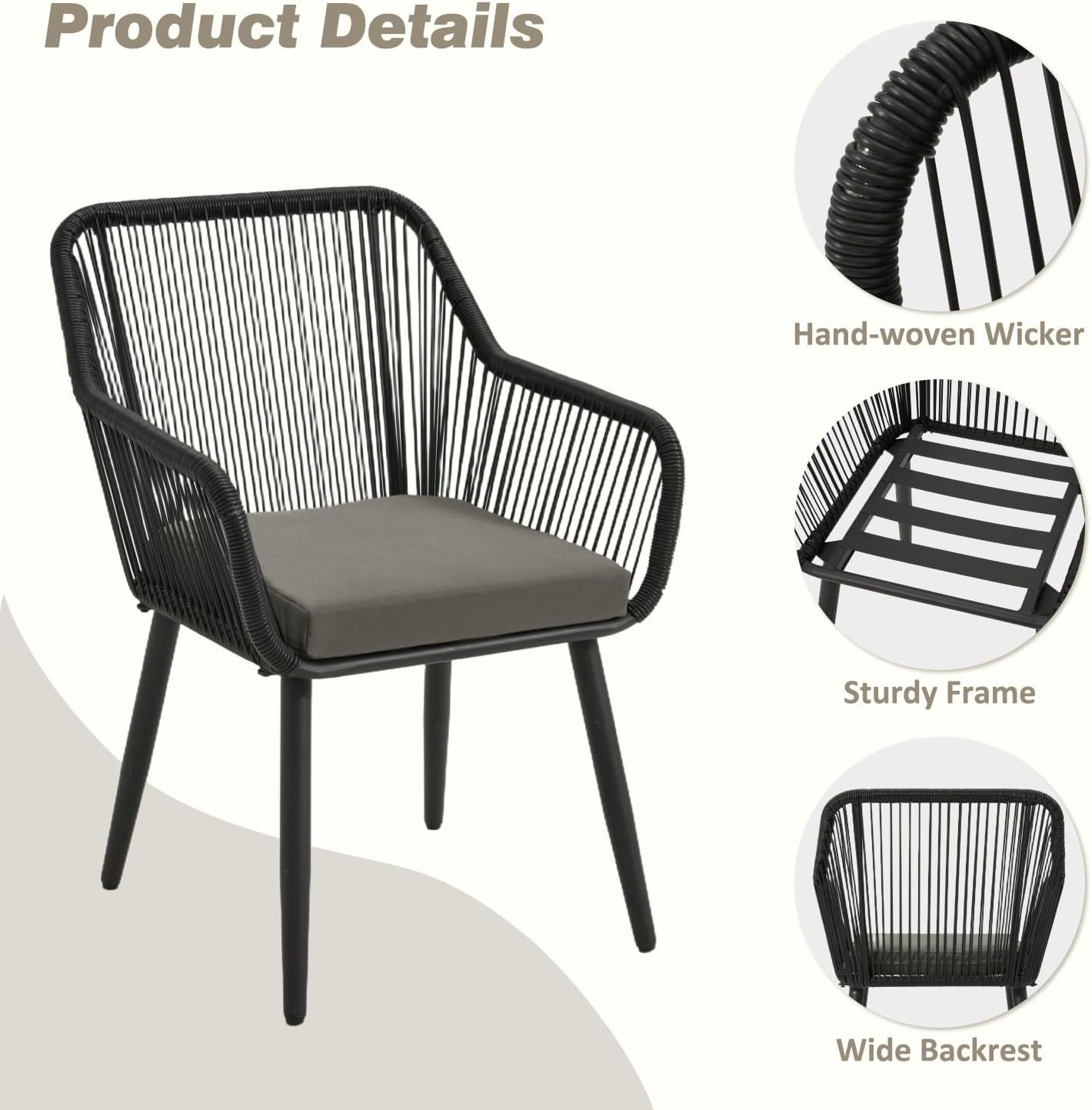 5-Piece Grey Black Wicker Outdoor Dining Set with Glass Table & Waterproof Cushions