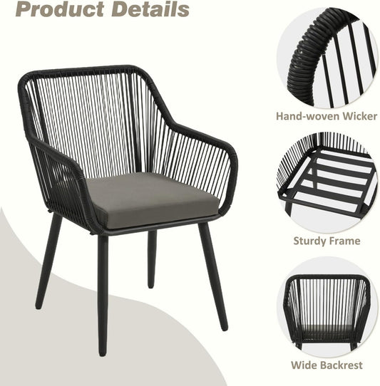 5-Piece Grey Black Wicker Outdoor Dining Set with Glass Table & Waterproof Cushions