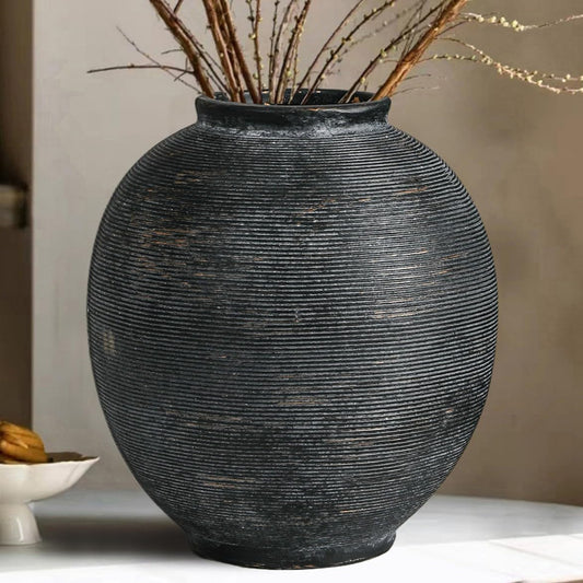 Black Ceramic Flower Vase, 9.8" H, Deep Charcoal Black | Large Round, Farmhouse Table Vase, Hand-made Textured, Minimalist, Rustic Vintage distressed color