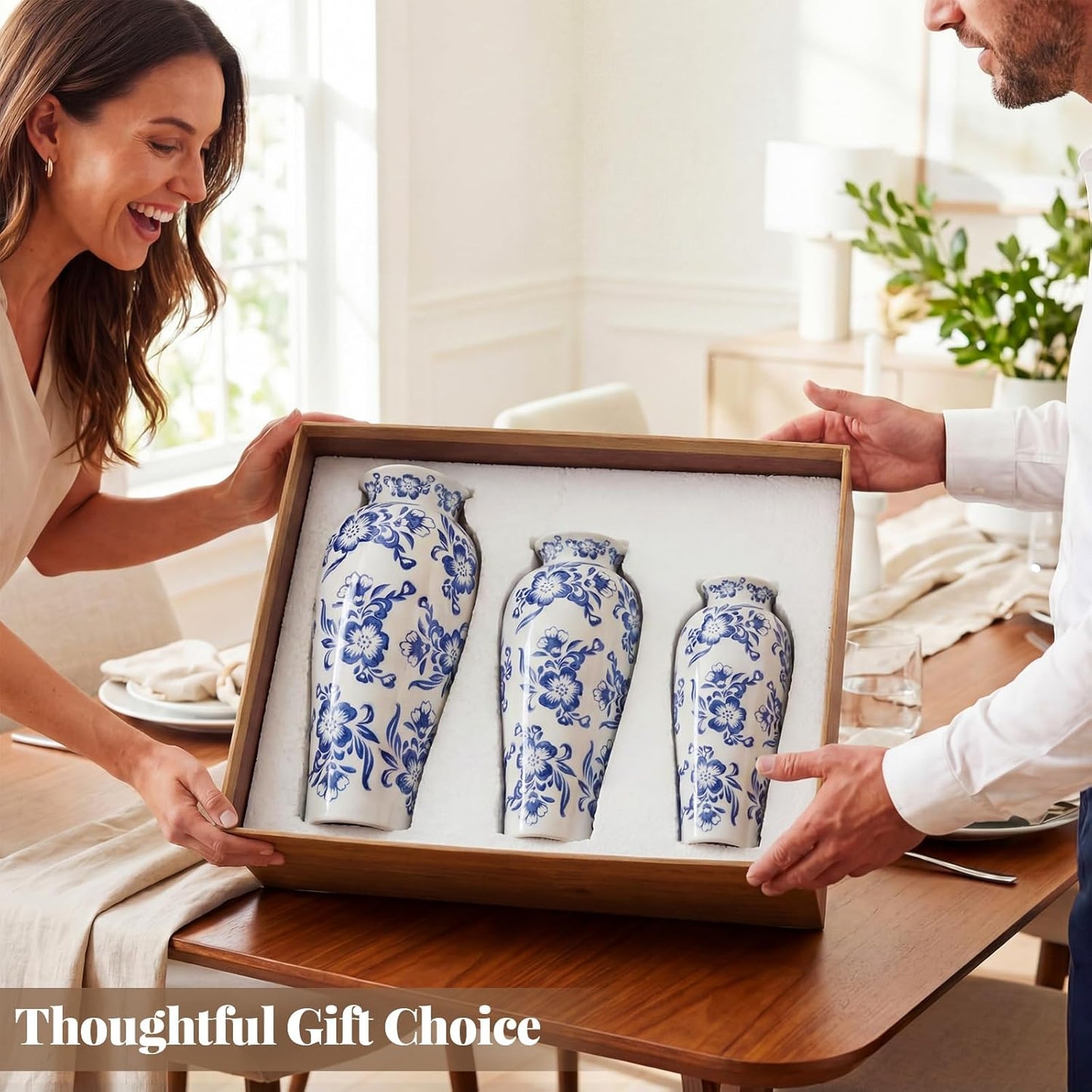 LemonRoad 3 Pack Chinoiserie Vases Porcelain Blue and White Vases for Flowers Pottery Chinoiserie Ceramic Vase for Living Room Mother's Day Decor Table Centerpiece, 6.7", 8.3", 10"(Lotus)
