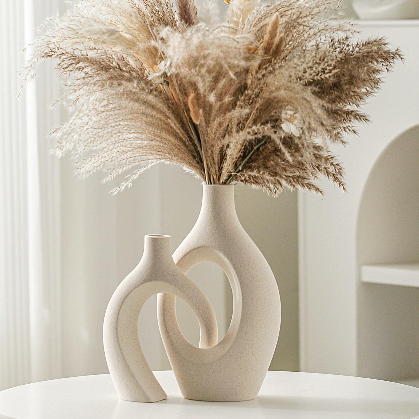 Lvases Snuggle Hollow Ceramic Vase Set of 2, 11Inch Nordic Modern Boho ins Style Decorative Ceramic Aesthetic Flower Vases for Home Decor Living Room Shelf Table Decorative (Matte Navy Blue)