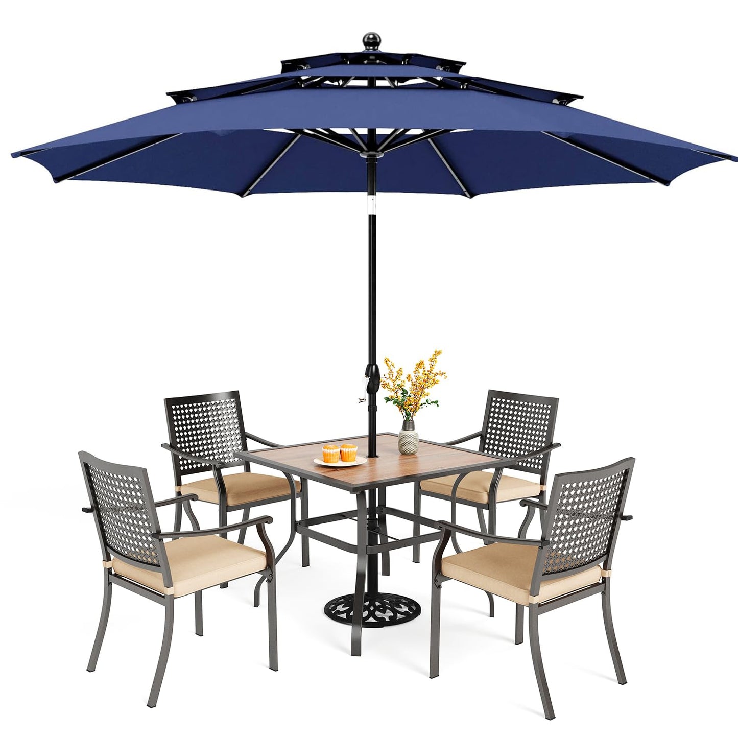 PHI VILLA 5 Pieces Outdoor Dining Set for 4 with Umbrella, 42" Large Round Metal Steel Table & Stackable Iron Chairs with Cushions & 10ft Beige Umbrella, Modern Furniture for Patio, Deck, Yard, Porch