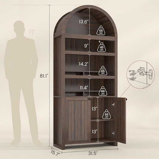81" Tall Arched Cabinets,Bookcase with storage,Mid-Century Modern 6-Tier Bookshelf with Door,2 Book Risers and Adjustable Shelves offering more storage space for Living Room,Kitchen,Home Office,Walnut