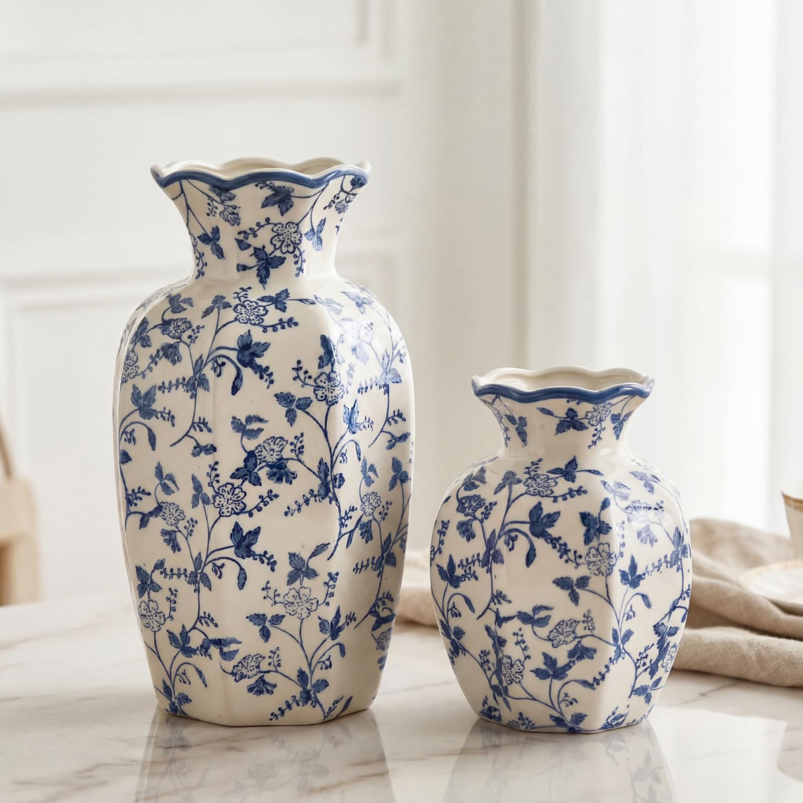 2 Pcs Blue and White Vintage Vase Chinoiserie Floral Vase 9.5'', 6'' Rustic Ceramic Vases for Home Decors, Living Room, Bookshelf, Office, Grand Millennial Decor, Chinoiserie Decors
