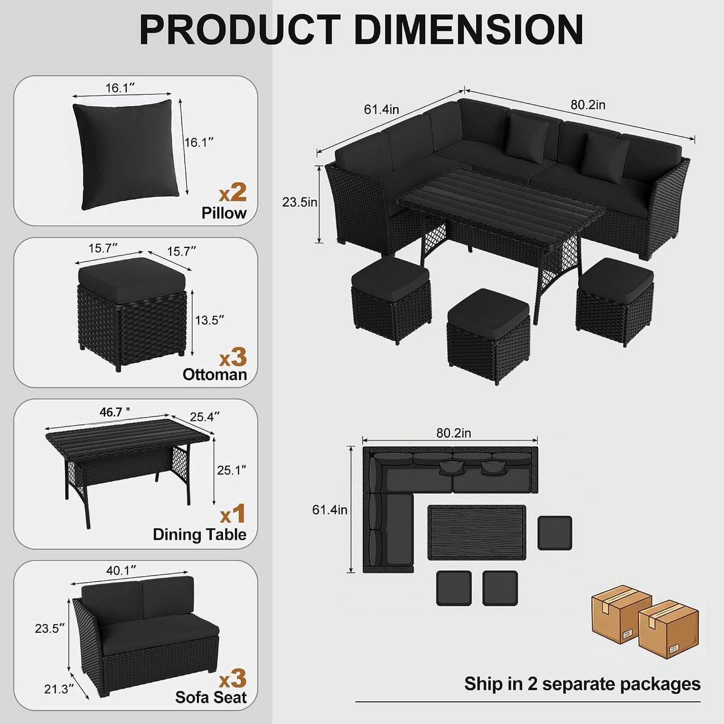 LOUVIXA 7 Pieces Patio Furniture Set, Outdoor Patio Furniture, Wicker Conversation Set with Dining Table, Chairs and Ottoman (17 Modern Black)