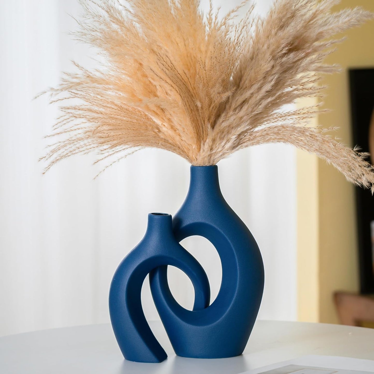 Lvases Snuggle Hollow Ceramic Vase Set of 2, 11Inch Nordic Modern Boho ins Style Decorative Ceramic Aesthetic Flower Vases for Home Decor Living Room Shelf Table Decorative (Matte Navy Blue)