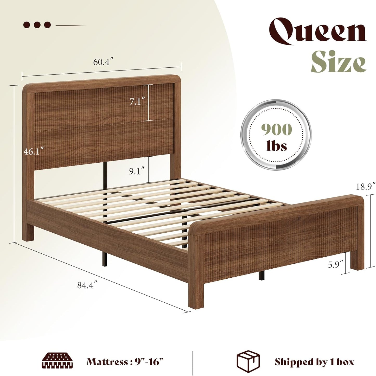 Walnut Fluted Queen Wood Bed Frame with Headboard Footboard & Safe Round Edges