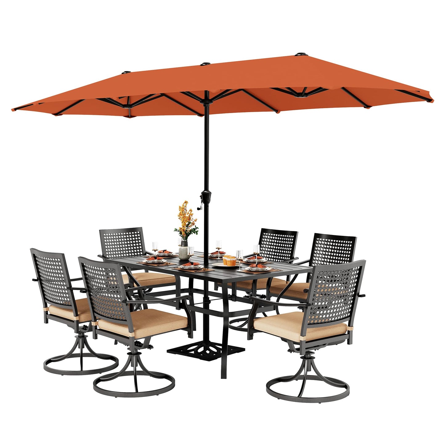 PHI VILLA 5 Pieces Outdoor Dining Set for 4 with Umbrella, 42" Large Round Metal Steel Table & Stackable Iron Chairs with Cushions & 10ft Beige Umbrella, Modern Furniture for Patio, Deck, Yard, Porch