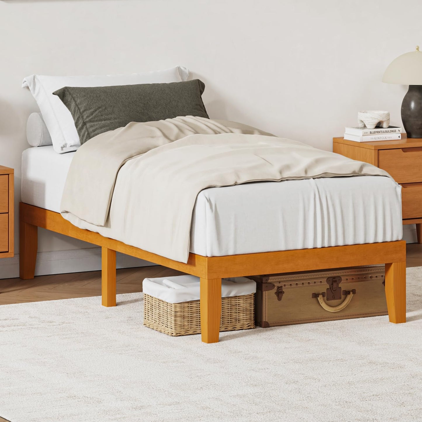 DUMOS Twin Bed Frame, Solid Wooden Bed Base with Wood Slat Support, Sturdy, Stylish & Noise-Free Design, No Box Spring Needed, Easy Assembly, 12 in Natural Pine
