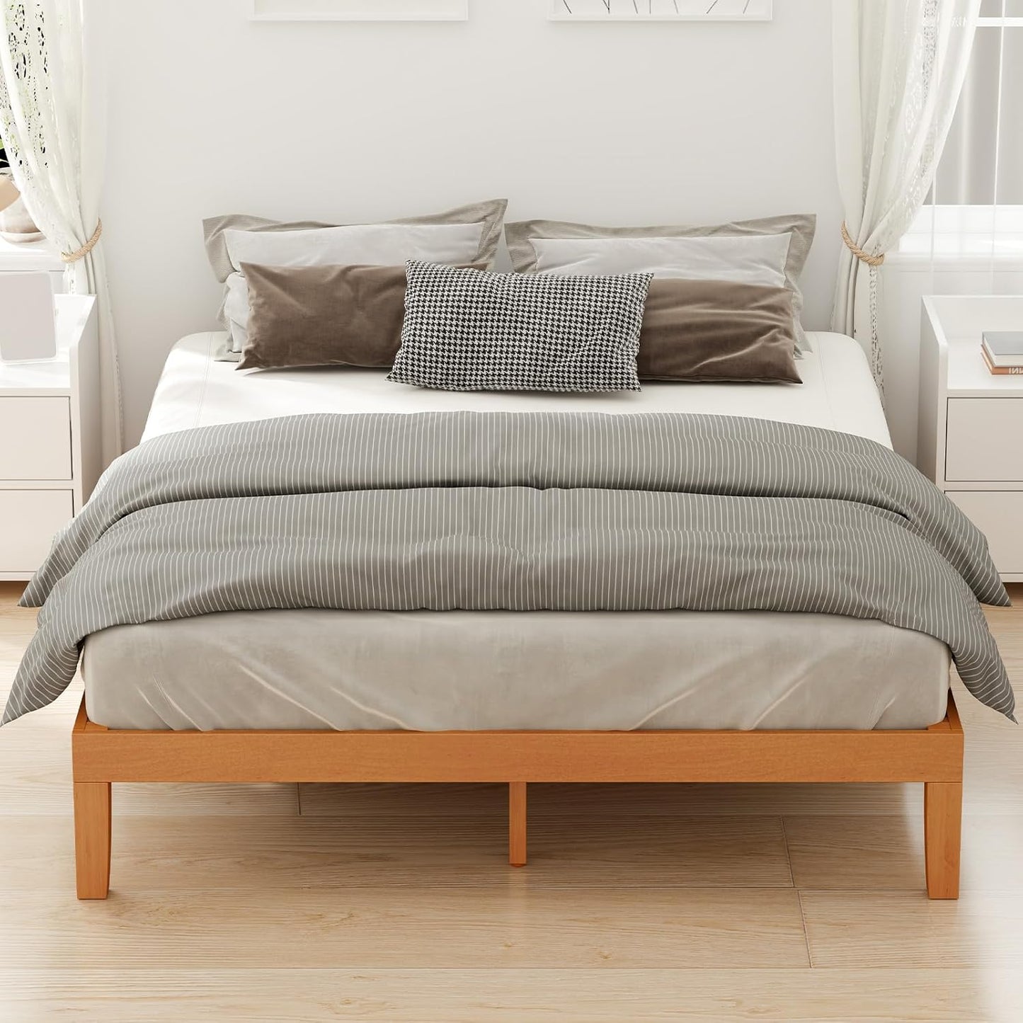 DUMOS Solid Wood Bed Frame, Queen Size Bed Base with Wooden Slat Support, Sturdy, Stylish & Noise-Free Design, No Box Spring Needed, Easy Assembly, 12 in Natural Pine