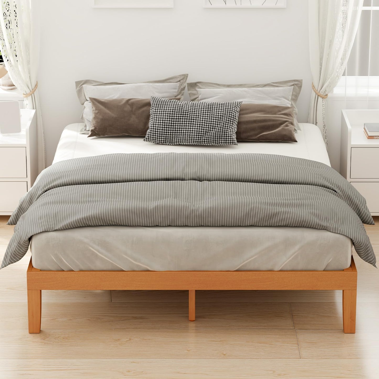 DUMOS Twin Bed Frame, Solid Wooden Bed Base with Wood Slat Support, Sturdy, Stylish & Noise-Free Design, No Box Spring Needed, Easy Assembly, 12 in Natural Pine