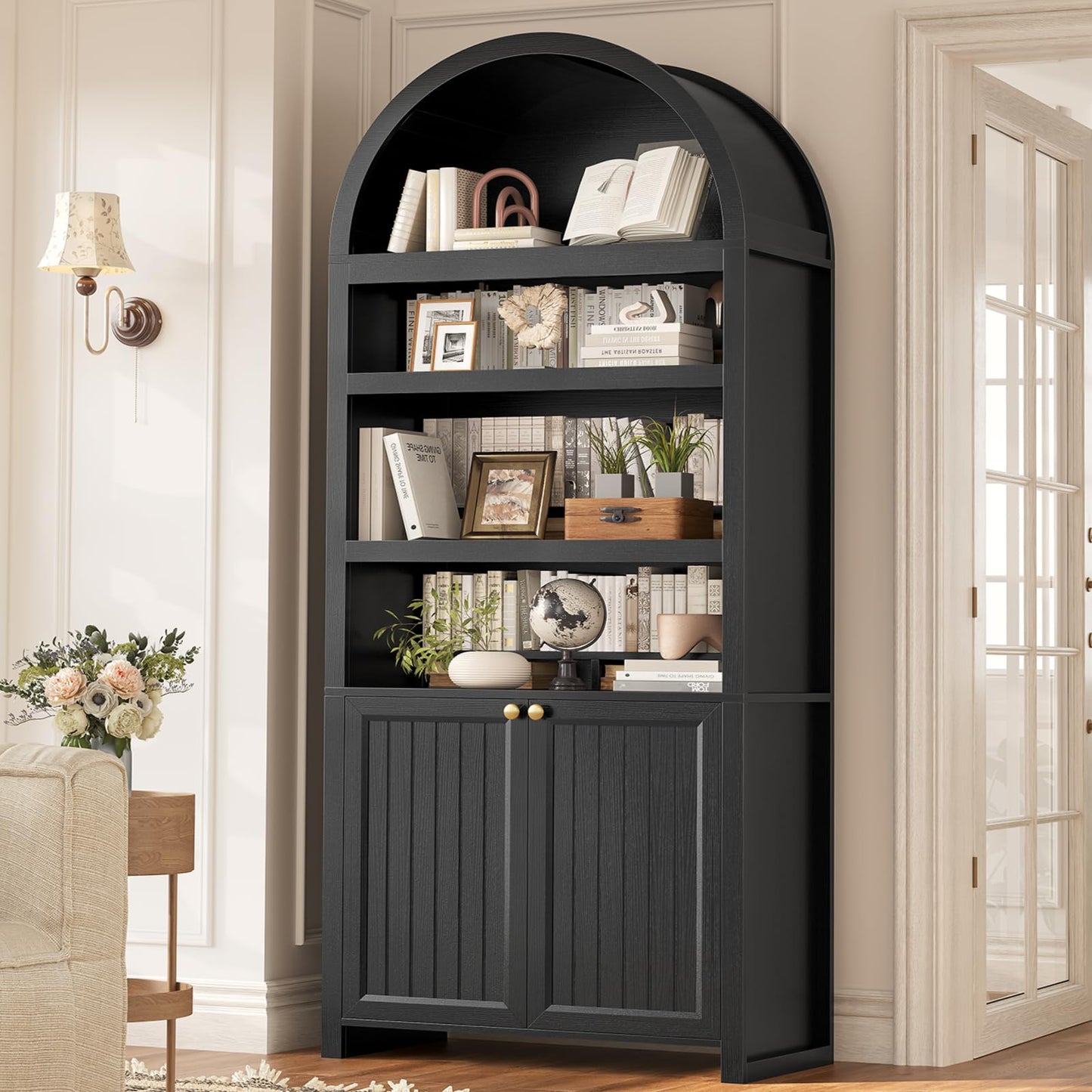 81" Tall Arched Cabinets,Bookcase with storage,Mid-Century Modern 6-Tier Bookshelf with Door,2 Book Risers and Adjustable Shelves offering more storage space for Living Room,Kitchen,Home Office,Walnut