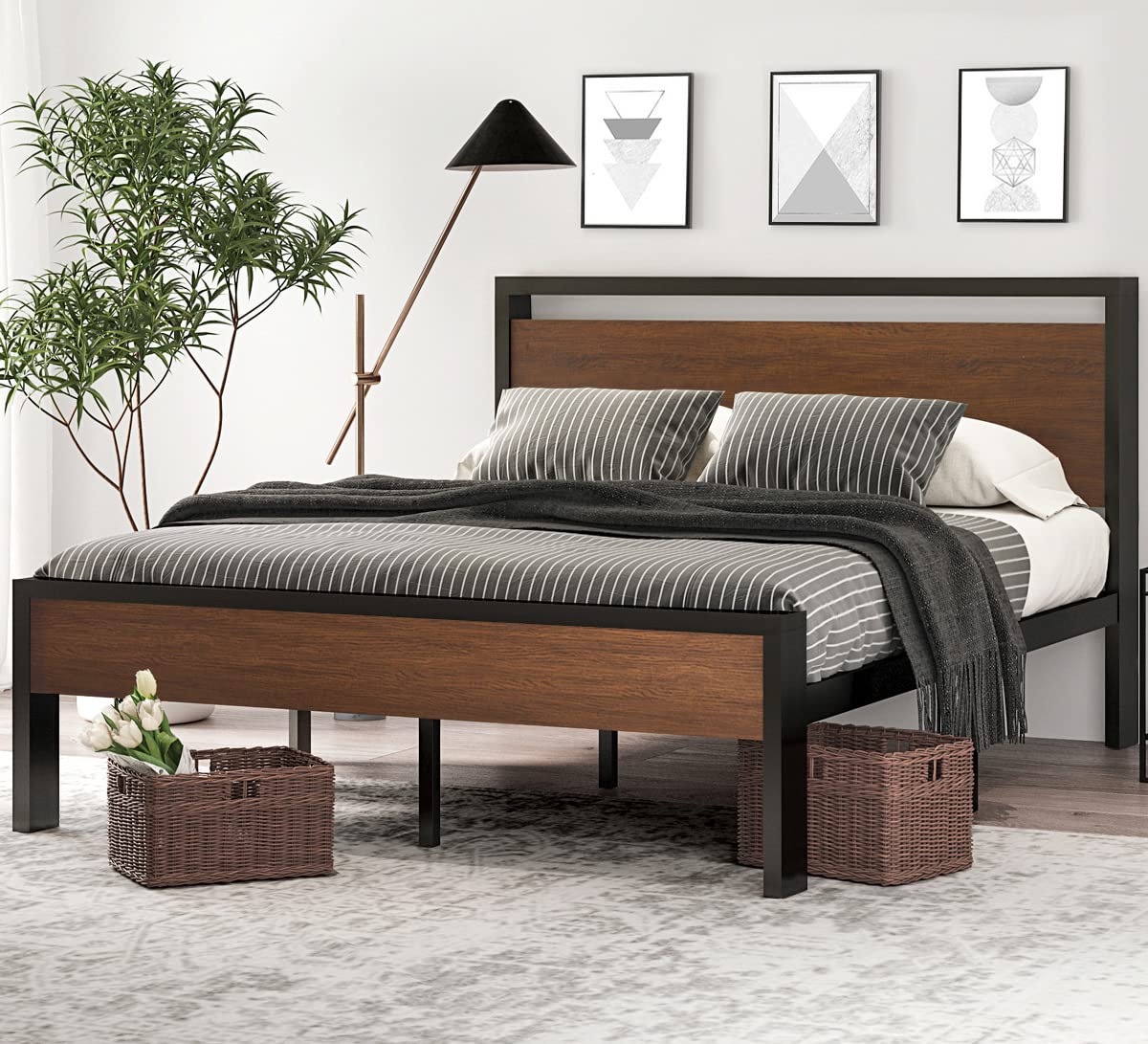 SHA CERLIN 14 Inch Queen Size Metal Platform Bed Frame with Wooden Headboard and Footboard, Mattress Foundation, No Box Spring Needed, Large Under Bed Storage, Non-Slip Without Noise, Mahogany