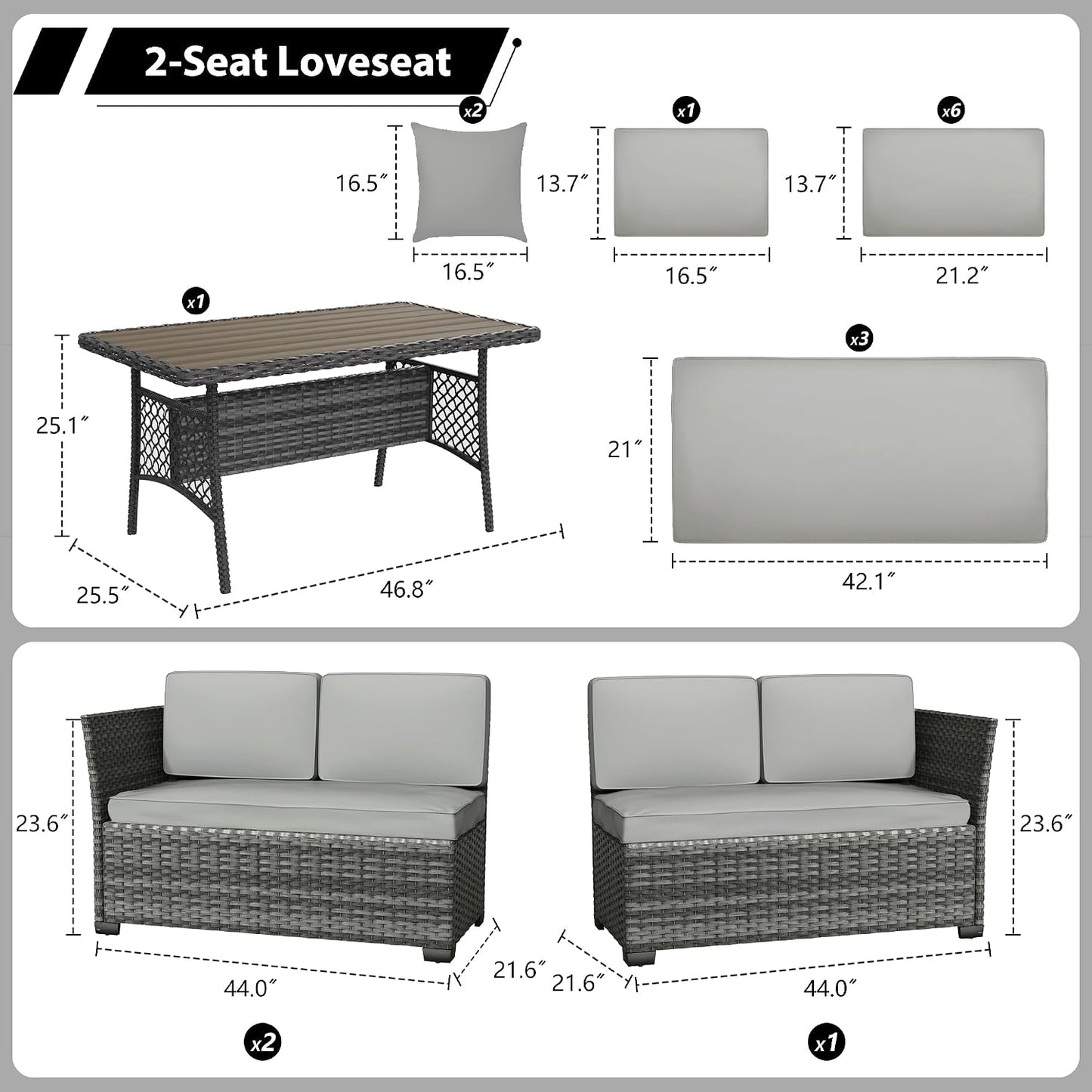 KIGOTY 7 Piece Patio Furniture Set, Outdoor PE Wicker Rattan Outdoor Dining Set, Patio Table and Chairs Set, Patio Conversation Sofa Set with Dining Table and Ottoman(Grey-Light Grey)
