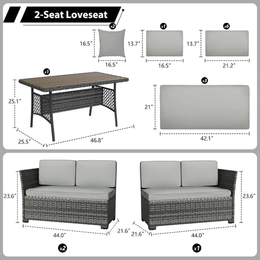 KIGOTY 7 Piece Patio Furniture Set, Outdoor PE Wicker Rattan Outdoor Dining Set, Patio Table and Chairs Set, Patio Conversation Sofa Set with Dining Table and Ottoman(Grey-Light Grey)