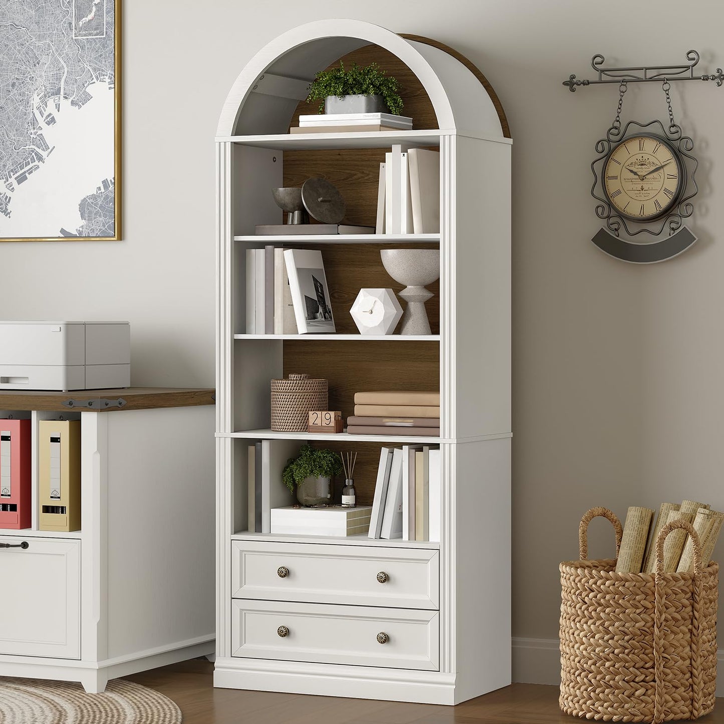 RALGEND Farmhouse Arched Bookshelf, 7 Tiers Arch Bookcase with 2 Spacious Drawers, Modern Book Shelf with Open Display Shelves and Storage Cabinet, for Office, Living Room, Kitchen, Walnut