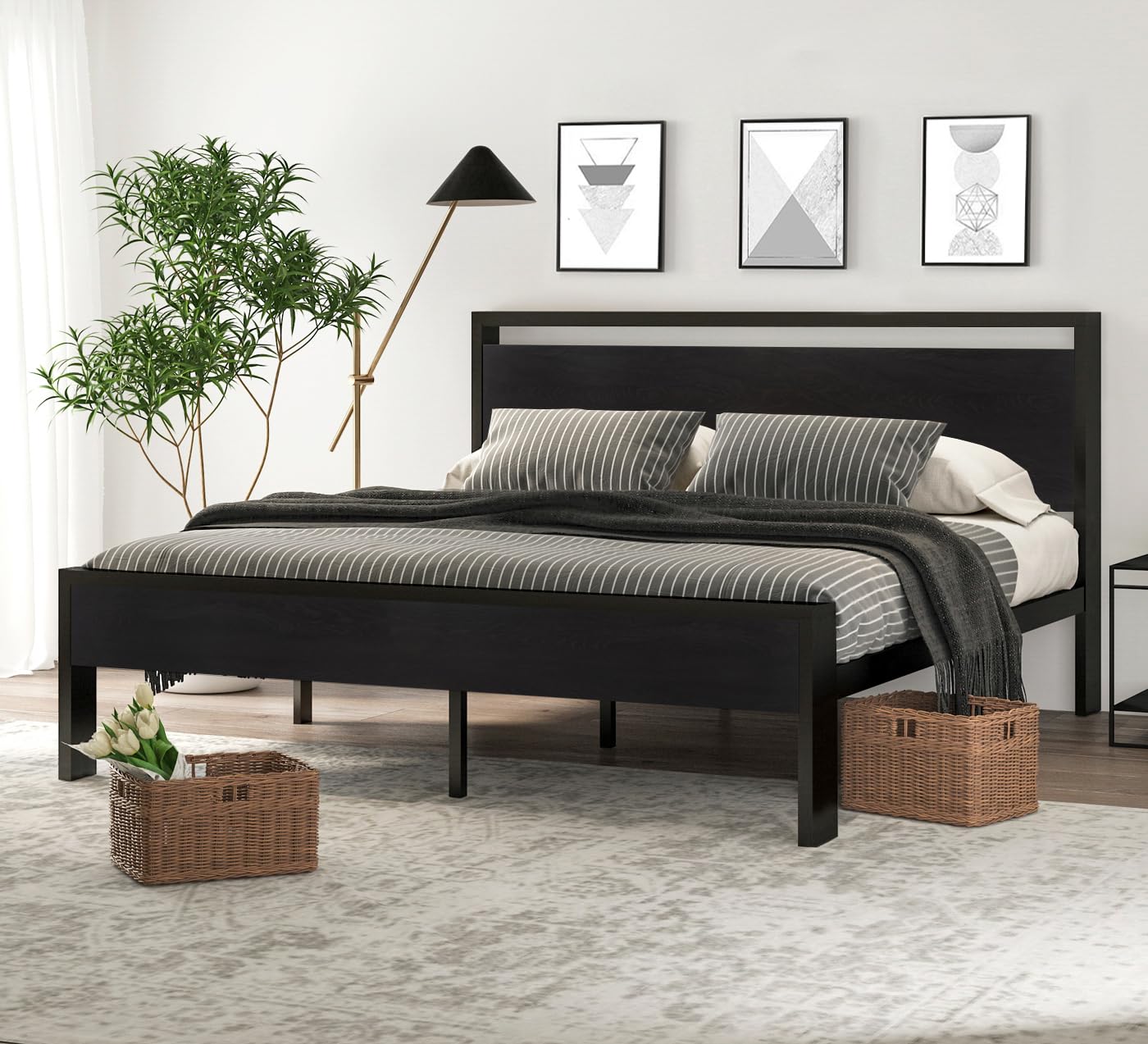 SHA CERLIN 14 Inch Queen Size Metal Platform Bed Frame with Wooden Headboard and Footboard, Mattress Foundation, No Box Spring Needed, Large Under Bed Storage, Non-Slip Without Noise, Mahogany