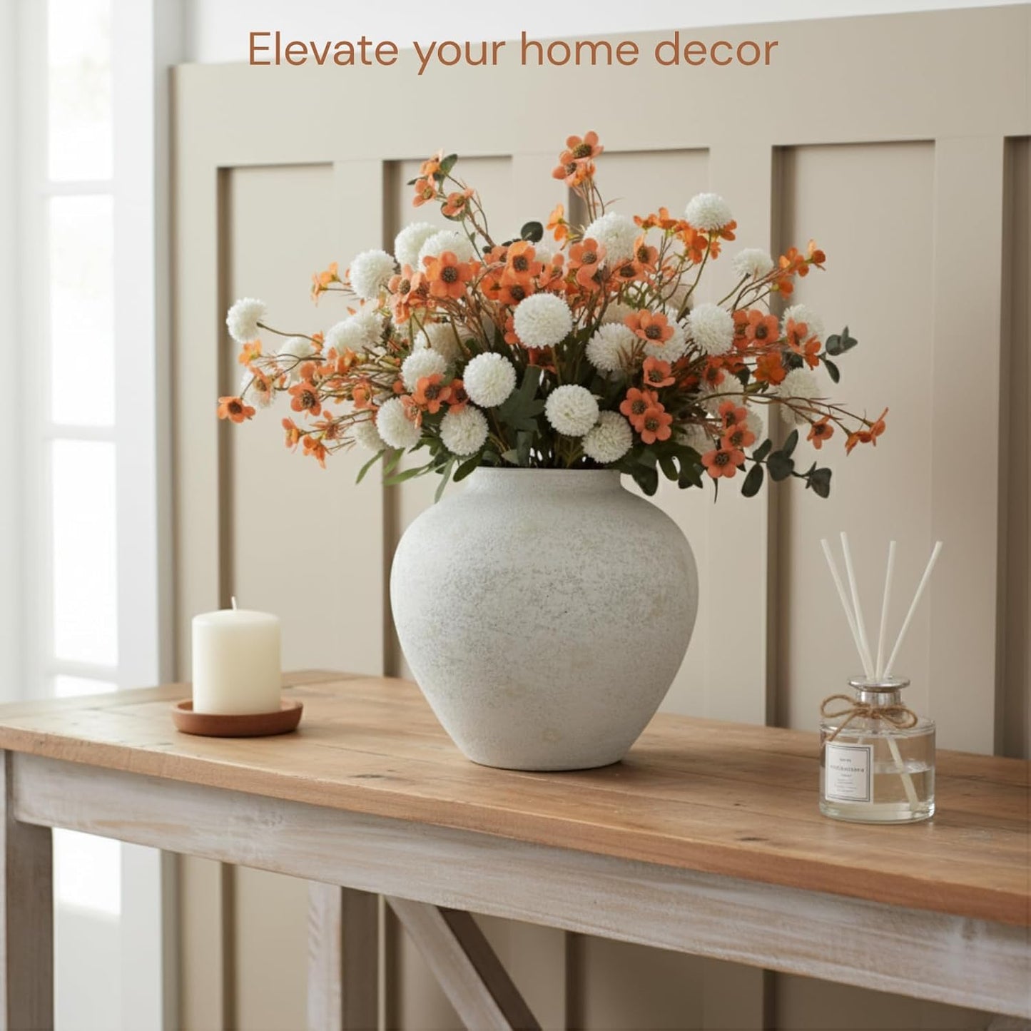 White Rustic Large Round Vase for Table Centerpieces 11 inches, Arina Vase, Earthy Stone Look, Textured, Modern Homes Farmhouse Centerpiece Decor